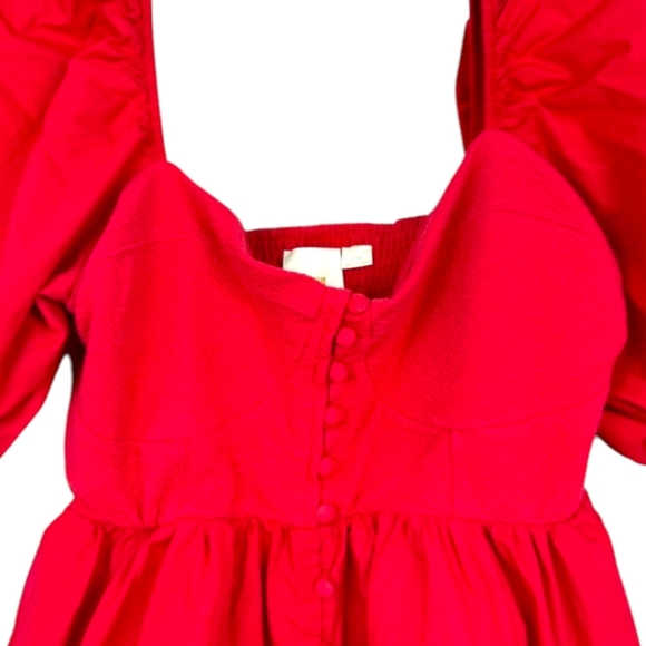 Anthropologie Maeve Sweetheart Dress Red Puffed Slv Smocked Button Close SM FLAW - Picture 5 of 16